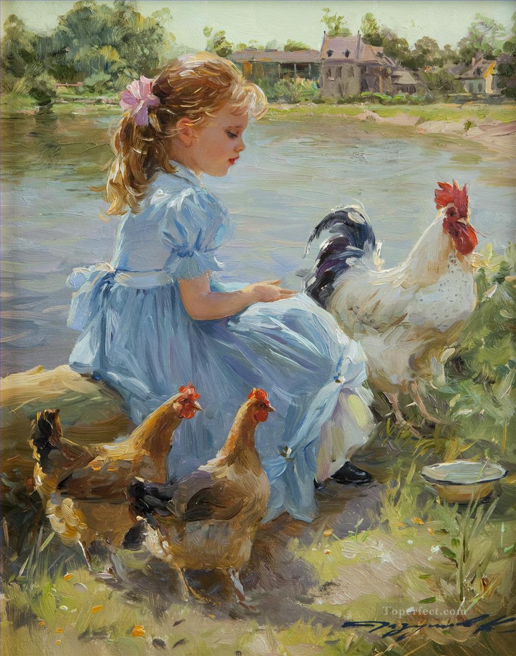 junges Mädchen mit Hahn und zwei Hennen pet Kinder Ölgemälde